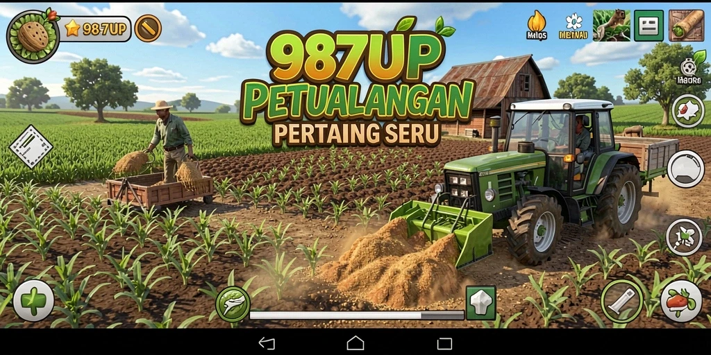 Tampilan screenshot menunjukkan kebun yang subur dan penuh warna dalam 987UP.
