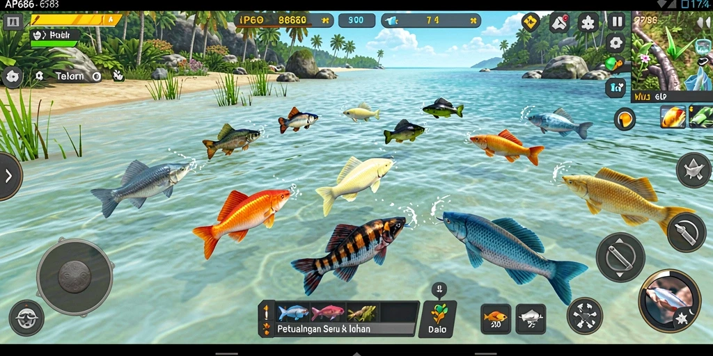 Tangkapan layar gameplay seru di AP686 dengan aksi menangkap ikan.