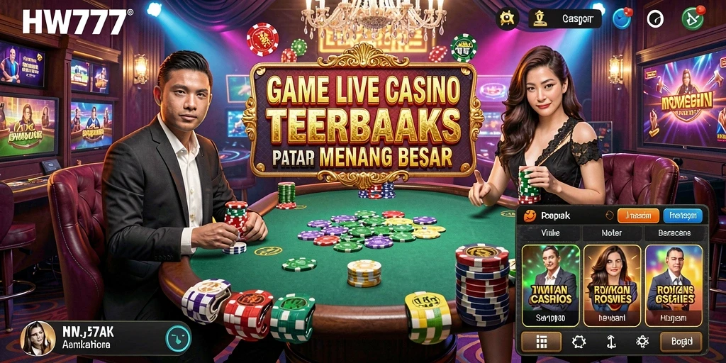 Screenshot HW777 menampilkan dealer live dan permainan yang mendebarkan.