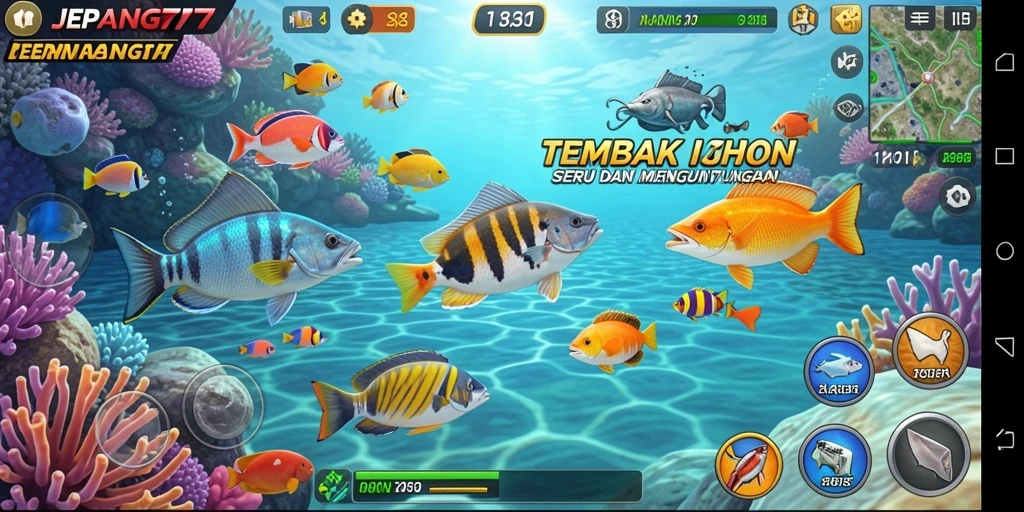 Tampilan gameplay seru di JEPANG77 dengan beragam ikan yang bisa ditembak.
