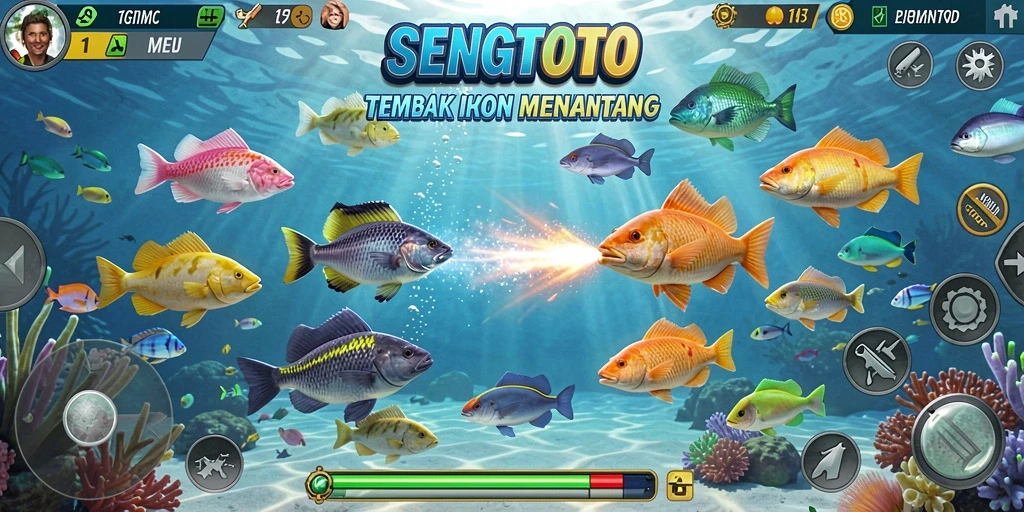 Screenshot gameplay SENGTOTO menampilkan pemain yang menembak ikan di lautan.