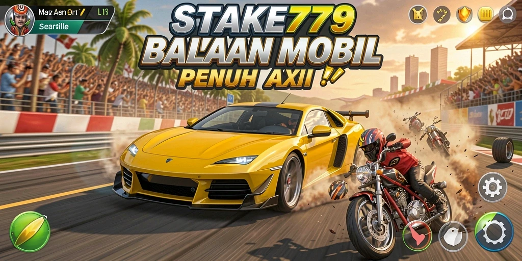 Screenshot STAKE779 menampilkan aksi balapan yang intens dan kendaraan berkecepatan tinggi.