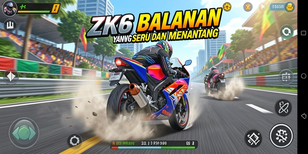 Screenshot ZK6 menampilkan aksi balapan motor yang seru.